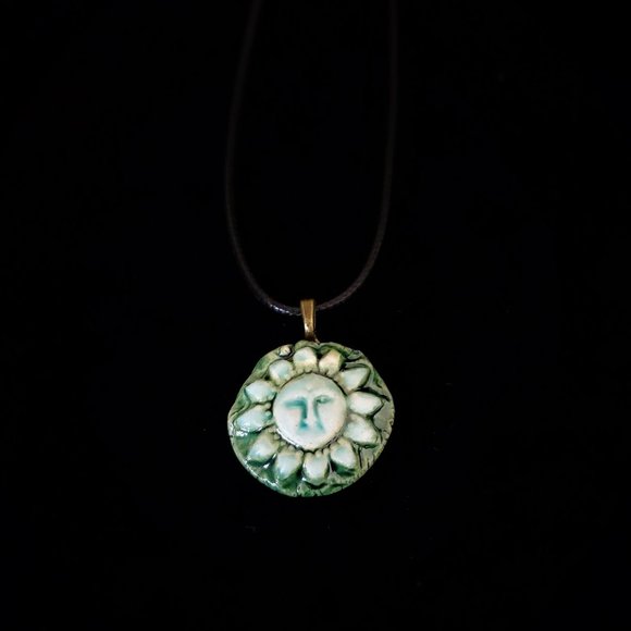 Handmade Ceramic Teak Green Sun Pendant Necklace, Sol Pendant - Picture 4 of 6